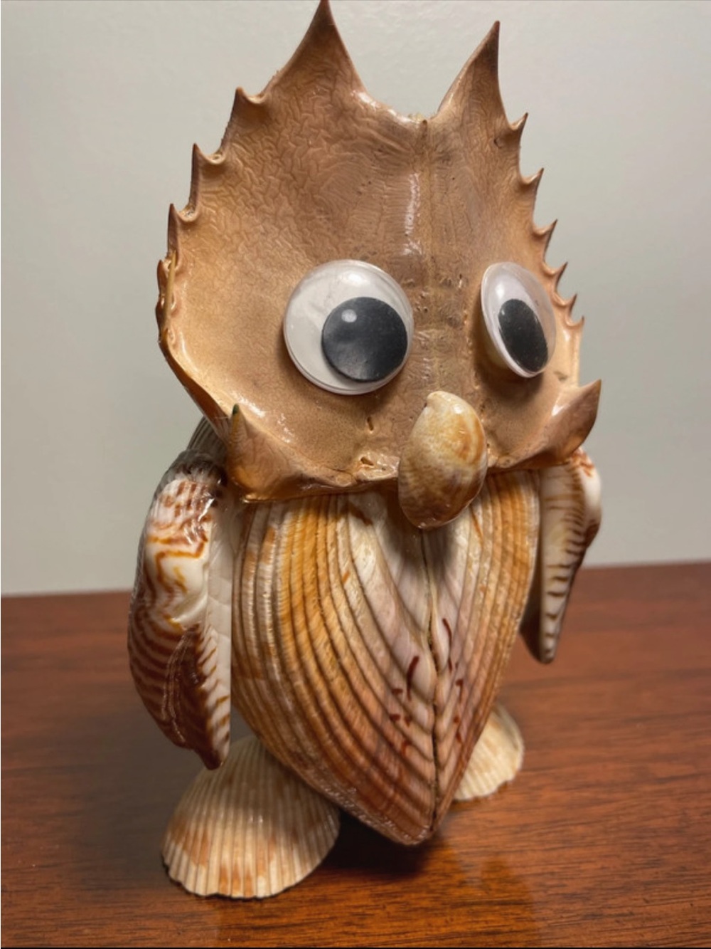 Seashell Art Owl Figurine Handcrafted Googly Eyes